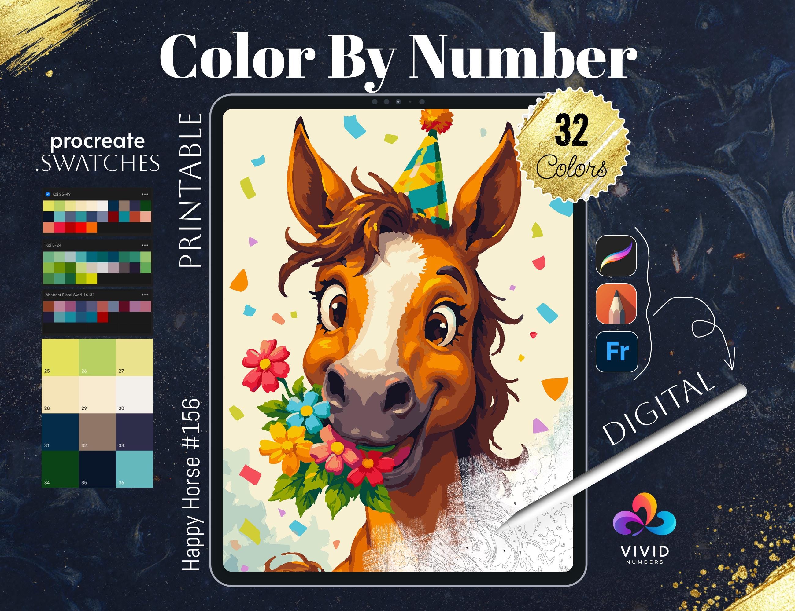 Happy Horse Color by Numbers Printable | Animal Paint by Numbers Digital Coloring Pages for Kids & Adults (PDF, SVG, PNG, Procreate)