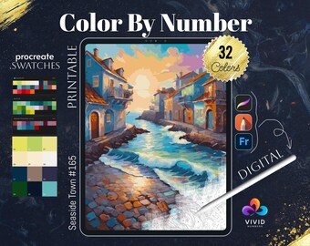 海辺の町の塗り絵 数字で描くデジタル塗り絵 プロクリエイト塗り絵 ファンタジー塗り絵 風景塗り絵