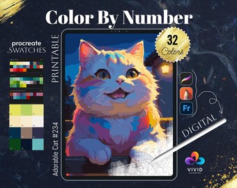 May include: Color by number digital art printable of an adorable cat with 32 colors. The cat is sitting on a ledge with a night sky background. The image is displayed on a tablet screen.