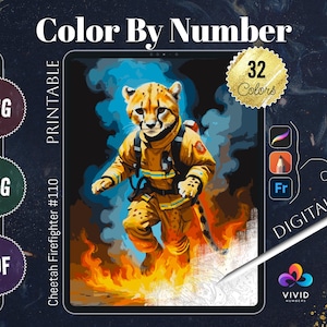 Cheetah Firefighter Color by Numbers Printable Paint by Numbers Digital Coloring Pages Procreate Coloring Color by Number Animal Coloring