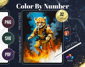 May include: Digital printable art featuring a cheetah in a firefighter uniform, surrounded by flames and smoke. The image is labeled "Color By Number" and includes the text "Cheetah Firefighter #110". The artwork is available in PNG, SVG, and PDF formats.