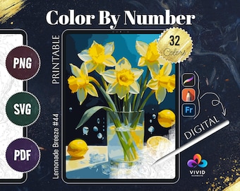 Color by Number Printable Paint by Numbers Digital Coloring Pages Procreate Coloring Art Therapy Floral Coloring Lemonade Breeze Coloring