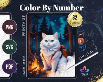 Chat voyageur à colorier par numéros Coloriages numériques Paint by Numbers Procreate Coloriage animaux par numéros Coloriage numérique iPad