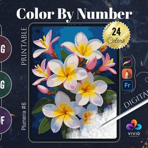 Plumeria Color by Numbers for Adults Printable Paint by Numbers Digital Coloring Pages Procreate Coloring iPad Therapy Flowers Coloring