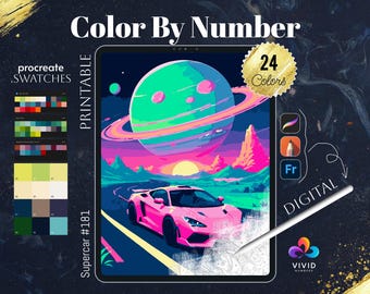 May include: Color by Number digital art printable, featuring a pink sports car driving through a landscape with a green planet and rings in the background. The image is labeled "Supercar #181" and "24 Colors".