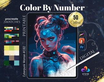 Cyberpunk Woman Coloring by Number Paint by Numbers Digital Coloring Pages Procreate Coloring Color by Number Fantasy Coloring iPad Coloring
