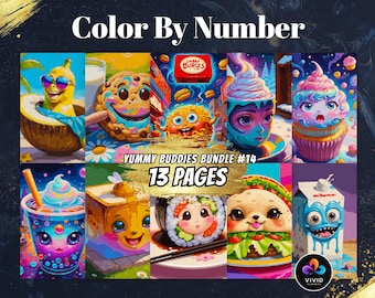 May include: A digital art print titled "Color By Number" featuring a collection of whimsical food characters. The image includes a banana in a coconut, a cookie, a burger, a cupcake, a drink, a sushi roll, a burger, and a milk carton. The text "Yummy Buddies Bundle #14" and "13 Pages" are also visible.