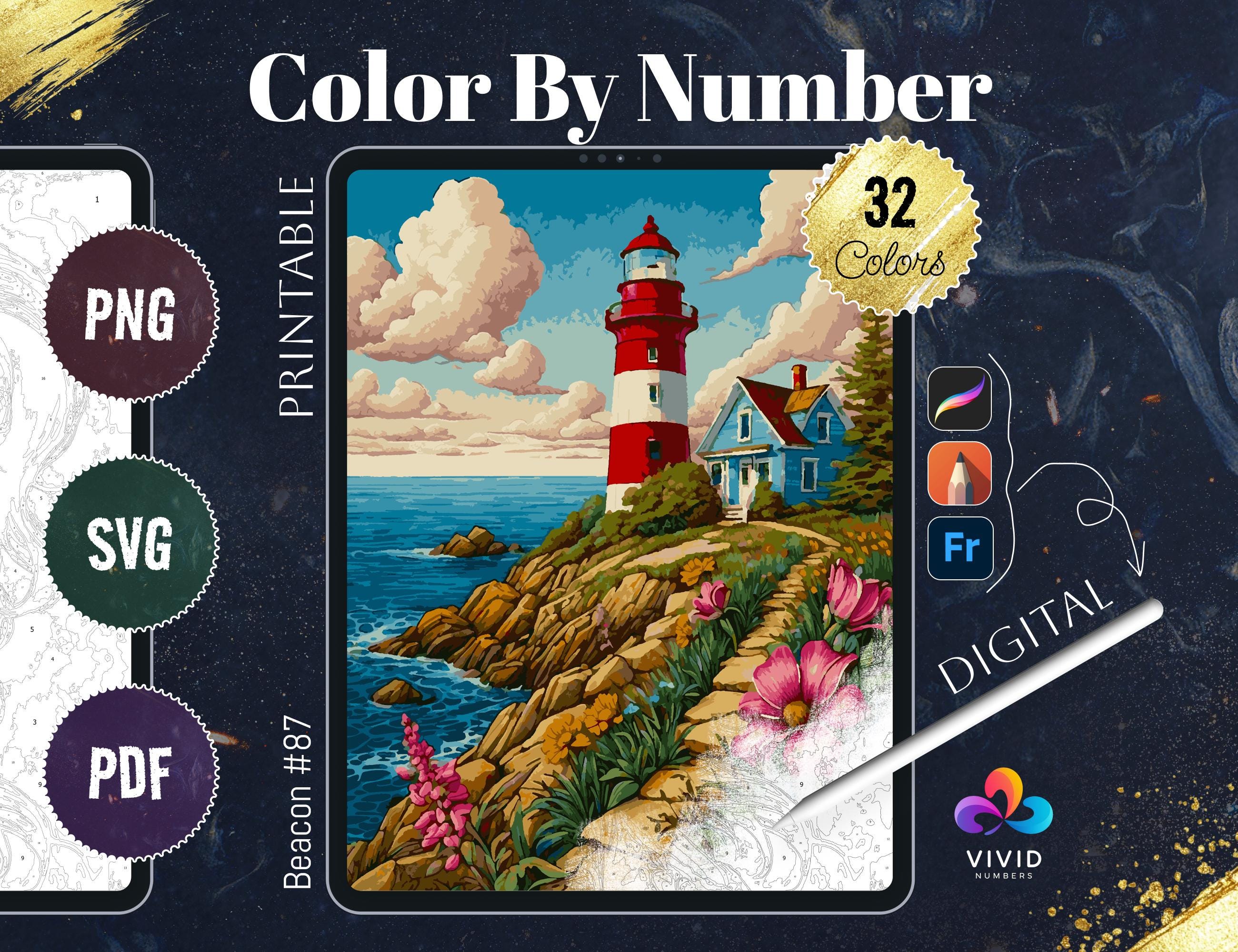 Lighthouse Color by Number | Paint by Numbers Digital Coloring Pages for Procreate, iPad, PDF, SVG, PNG