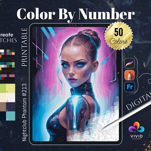 May include: Digital printable color by number art featuring a woman with blue eyes and a futuristic design. The image includes the text "Color By Number", "Printable", "50 Colors", and "Digital". Includes Procreate swatches.