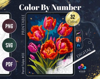 Tulips Color by Numbers for Adults Printable Paint by Numbers Digital Coloring Pages Procreate Coloring iPad Therapy Flowers Coloring Pages