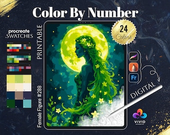 Könnte beinhalten: Malen nach Zahlen digitales Kunstwerk zum Ausdrucken einer weiblichen Figur mit grünen Haaren und einem Mond hinter ihr. Das Bild hat 24 Farben und ist mit "Female Figure #288" beschriftet.