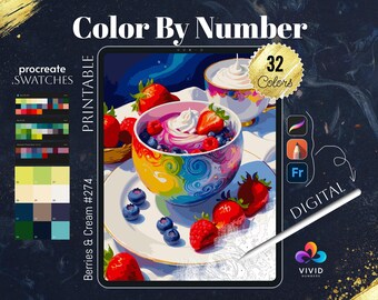 May include: Color by number digital art printable of a bowl of berries and cream with a white background. The bowl is decorated with colorful swirls and the berries are red, blue, and purple. The text "Berries & Cream #274" and "PRINTABLE" are on the left side of the image. The text "32 Colors" is on the right side of the image.