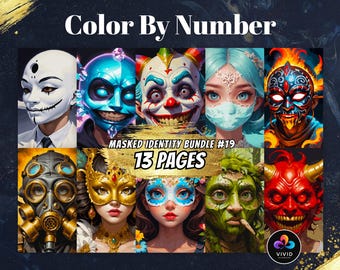 Lot d'identités masquées colorées par numéro pour Procreate | Pages à colorier numériques, peinture par numéros, masques imprimables, portraits mystérieux