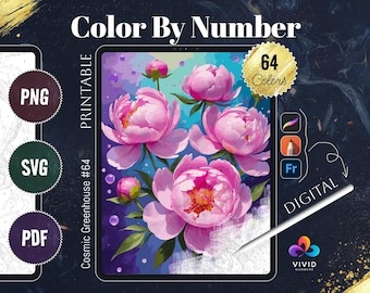 Cosmic Peonies Flower Coloring by Number Printable Paint by Numbers Digital Coloring Pages Procreate Coloring Art Therapy Floral Coloring