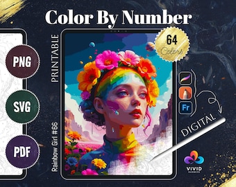 Könnte beinhalten: Malen nach Zahlen digitales Kunstwerk zum Ausdrucken von einem Mädchen mit einer Regenbogenkrone und farbenfrohem Make-up. Das Bild trägt den Titel "Rainbow Girl #66" und umfasst 64 Farben. Das Bild ist in den Formaten PNG, SVG und PDF verfügbar.