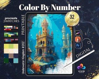 Underwater Kingdom Coloring by Number Paint by Numbers Digital Coloring Pages Procreate Coloring Color by Number Fantasy Coloring Pages