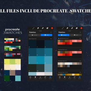 Pu&ograve; includere: Schermata di un'app Procreate su un iPad che mostra una selezione di palette di colori. Le palette sono denominate "Moon Dust 0-14", "Blooming Tran 18-31", "Blooming Tran 10-17" e "Blooming Dust 2-14". Il testo "ALL FILES INCLUDE PROCREATE.SWATCHES" &egrave; visualizzato nella parte superiore dell'immagine.