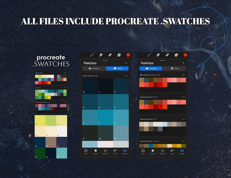 Pu&ograve; includere: Schermata di un'app Procreate su un iPad che mostra una selezione di palette di colori. Le palette sono denominate "Moon Dust 0-14", "Blooming Tran 18-31", "Blooming Tran 10-17" e "Blooming Dust 2-14". Il testo "ALL FILES INCLUDE PROCREATE.SWATCHES" &egrave; visualizzato nella parte superiore dell'immagine.