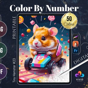 May include: A digital download colour by number featuring a cute cartoon hamster driving a go-kart. The image has 50 colours and is available in PNG, SVG, and PDF formats. The image is titled "Tiny Hamster #23".