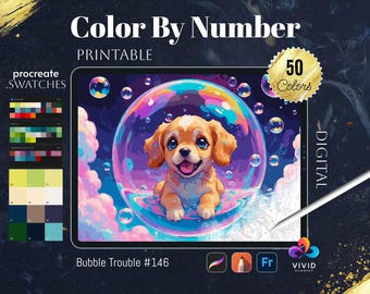 Bubble Trouble Color by Numbers Paint by Numbers Digital Coloring Pages Procreate Coloring Color by Number Cute Puppy Animal Coloring