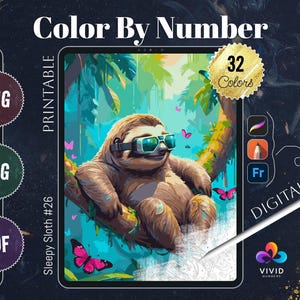 Sloth Coloring by Numbers for Adults Printable Paint by Numbers Digital Coloring Pages Procreate Coloring Color by Number Animal Coloring