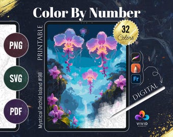 Orchid Island Paint by Numbers Color by Number Printable Digital Coloring Pages Procreate Coloring Therapy Floral Coloring Pages Digital