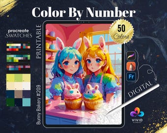 May include: A digital coloring page featuring two bunnies in a bakery setting. The bunnies are wearing colorful outfits and holding cupcakes. The image is labeled "Bunny Bakery #209" and "Color By Number".
