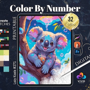 Lazy Koala Color by Numbers for Adults Printable Paint by Numbers Digital Coloring Pages Procreate Colour by Number Animals Coloring Pages