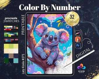 Lazy Koala Color by Numbers for Adults Printable Paint by Numbers Digital Coloring Pages Procreate Colour by Number Animals Coloring Pages