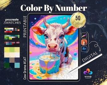 Cow Drama Color by Numbers Paint by Numbers Digital Coloring Pages Procreate Coloring Color by Number Cute Animal Coloring Pages Digital