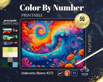 Underwater Blooms Coloring by Number Paint by Numbers Digital Coloring Pages Procreate Coloring Color by Number Fantasy Coloring Procreate