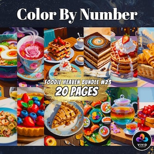 May include: A digital art print titled "Color By Number" featuring a collection of 20 pages of food illustrations. The images include ramen, waffles, pastries, and sushi. The text "Foodie Heaven Bundle #23" and "20 Pages" are also visible.