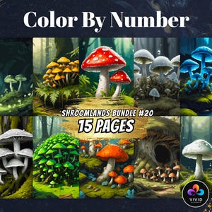 Może przedstawiać: Cyfrowy wydruk artystyczny zatytułowany "Color By Number" przedstawiający różne ilustracje grzybów w żywych kolorach. Grafika zawiera tekst "Shroomlands Bundle #20" i "15 Pages". Widoczne jest również logo Vivid.