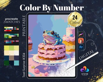 May include: Digital color-by-number printable featuring a blue frog atop a pink cake, with the text "Color By Number." Includes a color palette and the text "Toad Surprise #304." The image also shows the text "24 Colors" and "Digital."