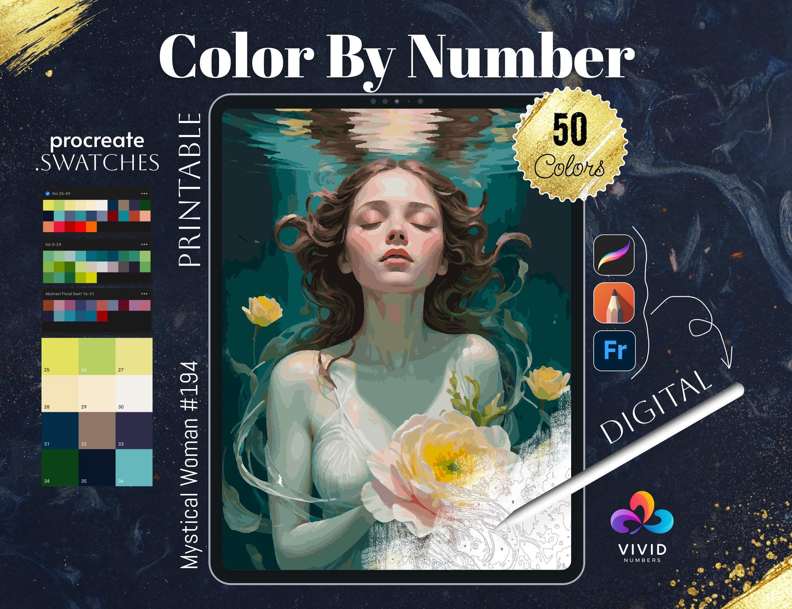Mystical Woman Color by Numbers – Printable Paint by Numbers, Digital Coloring Pages, Procreate-Friendly Download