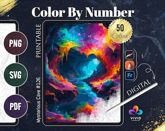 May include: A digital colour-by-number image of a vibrant, colourful cave scene. The image is labelled "Mysterious Cave #126" and includes the text "50 Colours" and "Printable." The image is available in PNG, SVG, and PDF formats.