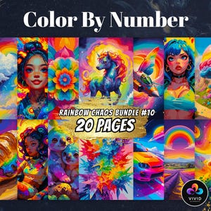 Paquete Rainbow Chaos para colorear por números para adultos, página para colorear digital imprimible para pintar por números, página para colorear Procreate para colorear por número