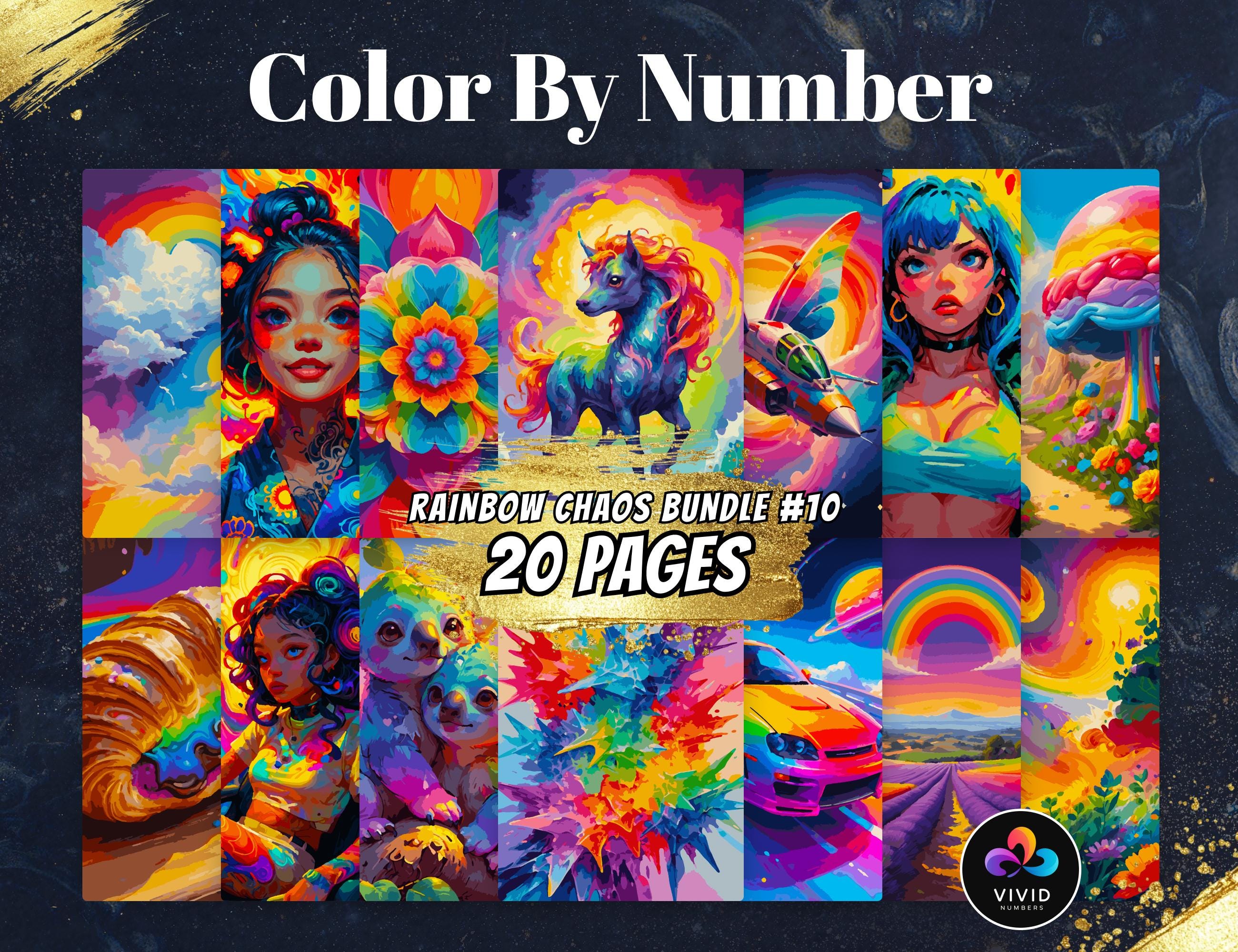 Rainbow Chaos Color-by-Number Bundle for Adults — Printable & Digital Paint-by-Numbers Pages (PDF, SVG, PNG, Procreate)