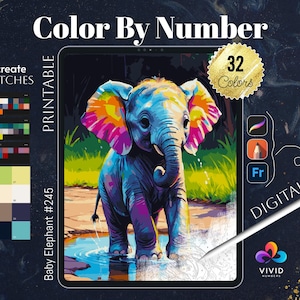 Baby Elephant Paint by Numbers for Adults Printable Colour by Numbers Digital Coloring Pages Procreate Colour by Number Animal Coloring Page