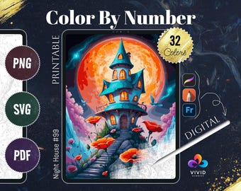 Night House Color by Number Paint by Numbers Digital Coloring Procreate Coloring Color by Number Fantasy Coloring Fairy House Coloring