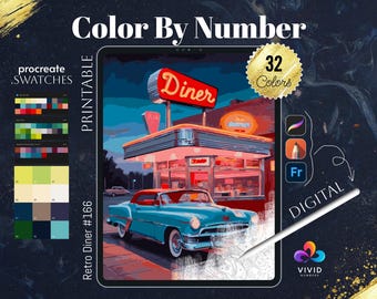 May include: A digital color by number illustration of a retro diner with a blue car parked in front. The diner has a red neon sign that says "Diner". The image is labeled "Retro Diner #166" and "32 Colors".