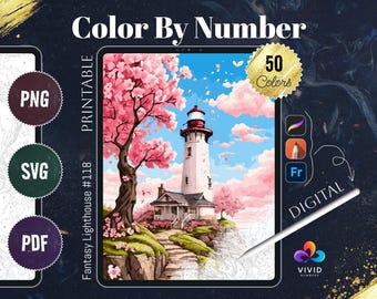 Fantasy Lighthouse Paint by Numbers Coloring by Number Digital Coloring Pages Procreate Coloring Color by Number Fantasy Coloring Pages