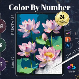 Lotus Color by Numbers for Adults Printable Paint by Numbers Digital Coloring Pages Procreate Coloring iPad Therapy Flowers Coloring Pages