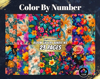Bloom Gallery Bundle Color by Numbers for Teens Printable Paint by Numbers Digital Coloring Page Procreate Simple Floral Patterns Coloring
