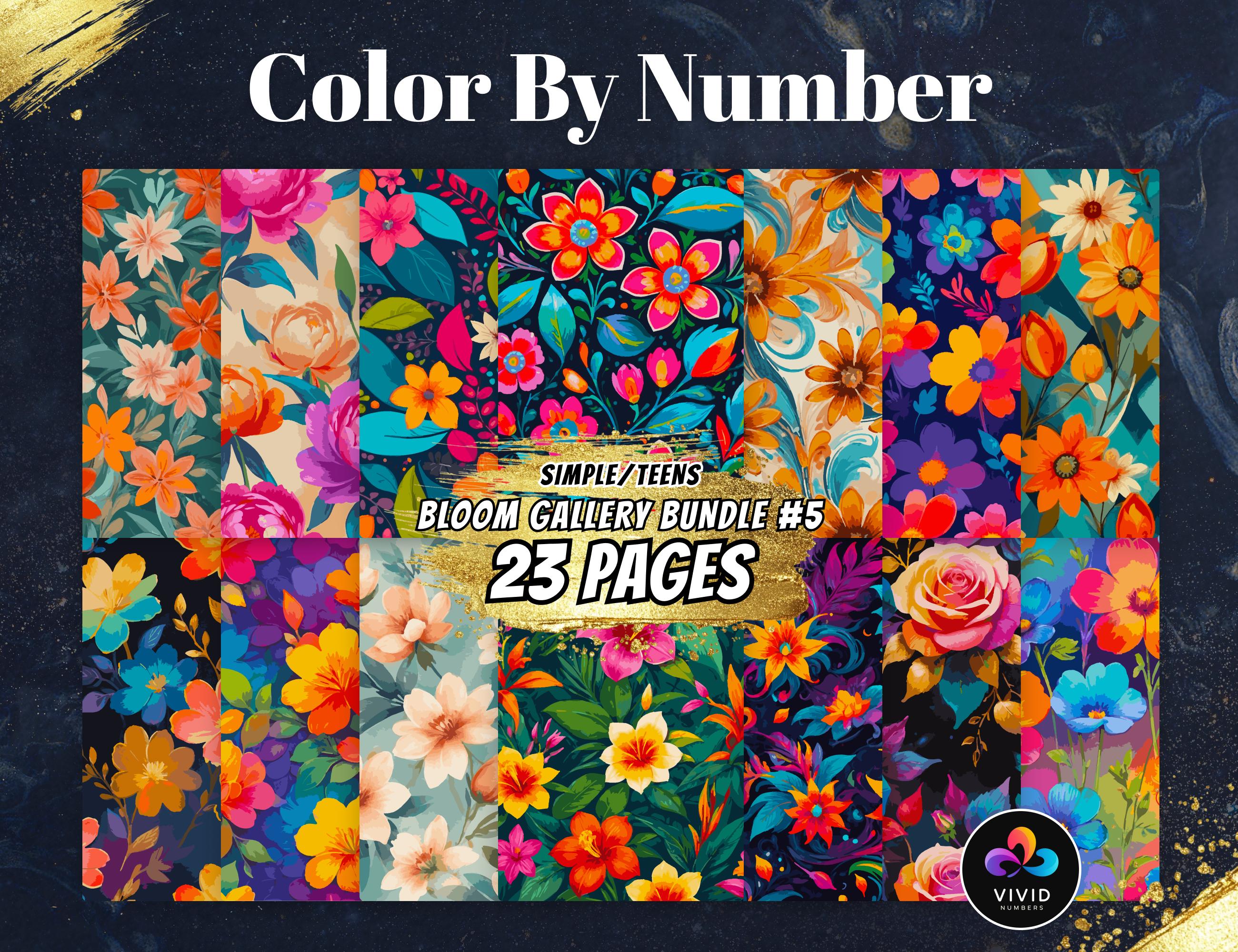 Bloom Gallery Bundle: Pintar por números para adolescentes em versão imprimível – Páginas florais digitais para Procreate e DIY Coloring