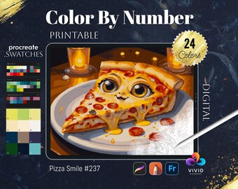 May include: Color by number printable digital art of a smiling pizza slice with pepperoni and cheese on a white plate. The image includes 24 colors and the text "Pizza Smile #237".