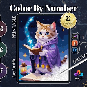 May include: Digital download for a colour by number activity featuring a cosy cat wearing a purple robe and holding a book. The cat is surrounded by stars and a glowing orb. The image is labelled "Cozy Cat #20" and "32 Colours".
