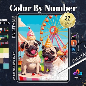 Ice Cream Pups Color by Numbers Printable Paint by Numbers Digital Coloring Pages Procreate Coloring Color by Number Animal Coloring Pages