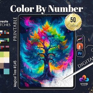 May include: A digital illustration of a colorful tree with a magical, swirling background. The image is labeled "Magical Tree #145" and "Color By Number". It is a printable coloring page with 50 colors.