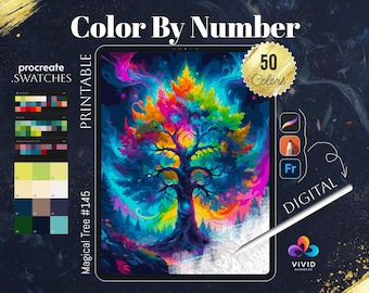 Magical Tree Coloring by Number Paint by Numbers Digital Coloring Pages Procreate Coloring Fantasy Coloring Pages Fantasy Coloring Page